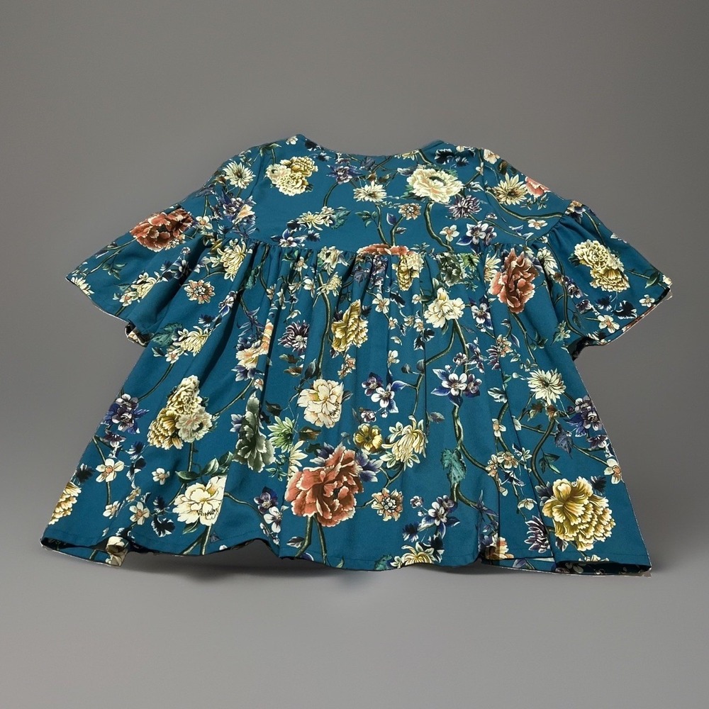 Bryn Walker Womens Blue Teal Floral Bell Sleeve USA Made Diego Tunic Top Size L